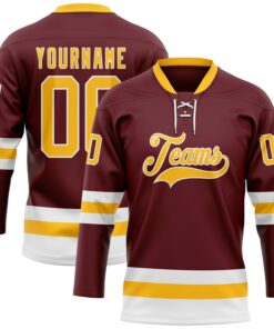 Custom Burgundy Gold-White Hockey Lace Neck Jersey