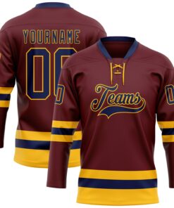 Custom Burgundy Navy-Gold Hockey Lace Neck Jersey