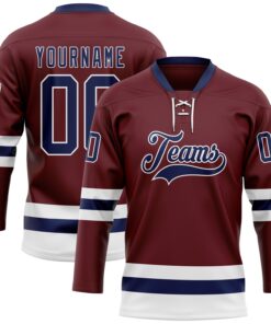Custom Burgundy Navy-White Hockey Lace Neck Jersey