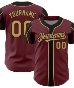 Custom Burgundy Old Gold-Black 3 Colors Arm Shapes Authentic Baseball Jersey