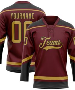 Custom Burgundy Old Gold-Black Hockey Lace Neck Jersey