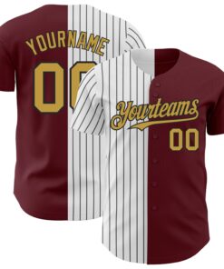 Custom Burgundy Old Gold-Black Pinstripe Authentic Split Fashion Baseball Jersey