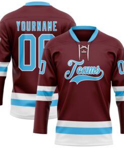 Custom Burgundy Sky Blue-White Hockey Lace Neck Jersey