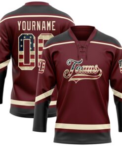 Custom Burgundy Vintage USA Flag Black-Cream Hockey Lace Neck Jersey