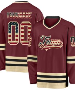 Custom Burgundy Vintage USA Flag Cream-Black Hockey Jersey