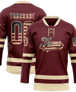 Custom Burgundy Vintage USA Flag-Cream Hockey Lace Neck Jersey