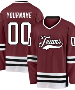 Custom Burgundy White-Black Hockey Jersey