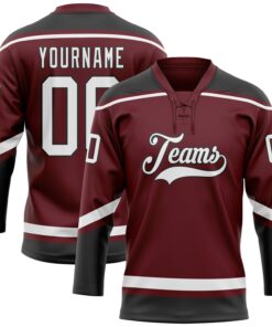 Custom Burgundy White-Black Hockey Lace Neck Jersey