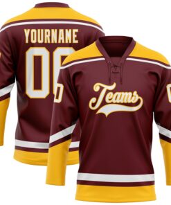 Custom Burgundy White-Gold Hockey Lace Neck Jersey