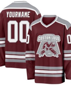 Custom Burgundy White-Gray Hockey Jersey