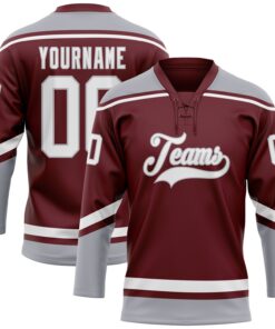 Custom Burgundy White-Gray Hockey Lace Neck Jersey