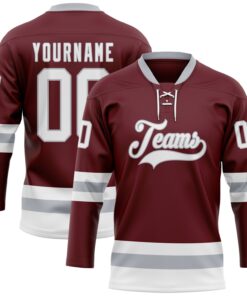 Custom Burgundy White-Gray Hockey Lace Neck Jersey