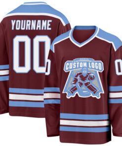 Custom Burgundy White-Light Blue Hockey Jersey