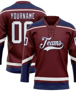 Custom Burgundy White-Navy Hockey Lace Neck Jersey