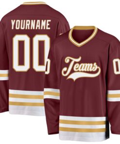 Custom Burgundy White-Old Gold Hockey Jersey