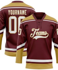 Custom Burgundy White-Old Gold Hockey Lace Neck Jersey