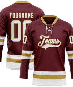 Custom Burgundy White-Old Gold Hockey Lace Neck Jersey