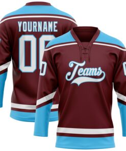 Custom Burgundy White-Sky Blue Hockey Lace Neck Jersey