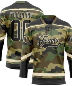 Custom Camo Black-Cream Salute To Service Hockey Lace Neck Jersey
