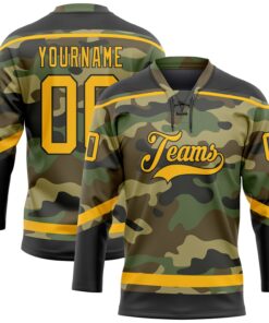 Custom Camo Gold-Black Salute To Service Hockey Lace Neck Jersey