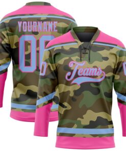 Custom Camo Light Blue-Pink Salute To Service Hockey Lace Neck Jersey