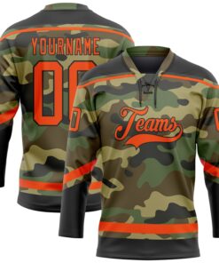 Custom Camo Orange-Black Salute To Service Hockey Lace Neck Jersey
