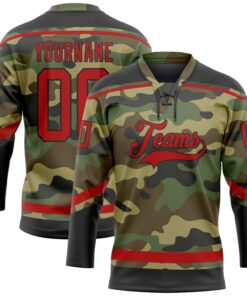 Custom Camo Red-Black Salute To Service Hockey Lace Neck Jersey