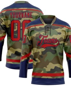 Custom Camo Red-Navy Salute To Service Hockey Lace Neck Jersey