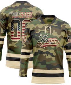 Custom Camo Vintage USA Flag Cream-Black Salute To Service Hockey Lace Neck Jersey