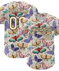 Custom Cream Black 3D Pattern Design Animal Butterfly Authentic Baseball Jersey