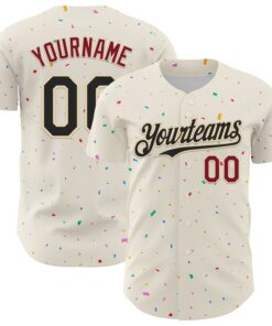 Custom Cream Black-Crimson 3D Pattern Design Confetti Authentic Baseball Jersey