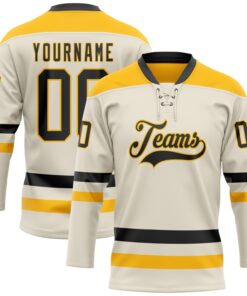 Custom Cream Black-Gold Hockey Lace Neck Jersey
