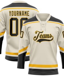 Custom Cream Black-Gold Hockey Lace Neck Jersey