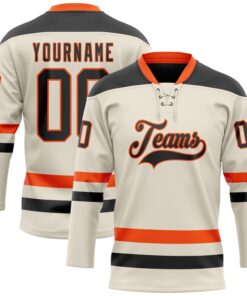 Custom Cream Black-Orange Hockey Lace Neck Jersey