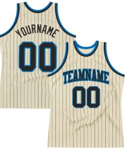 Custom Cream Black Pinstripe Black-Blue Authentic Basketball Jersey