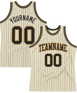 Custom Cream Black Pinstripe Black-Old Gold Authentic Basketball Jersey