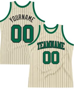 Custom Cream Black Pinstripe Kelly Green Authentic Basketball Jersey