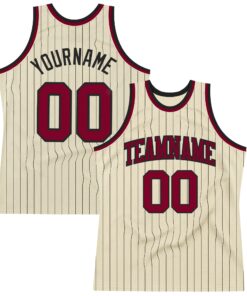 Custom Cream Black Pinstripe Maroon Authentic Basketball Jersey