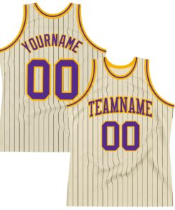 Custom Cream Black Pinstripe Purple-Gold Authentic Basketball Jersey