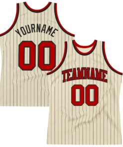 Custom Cream Black Pinstripe Red Authentic Basketball Jersey