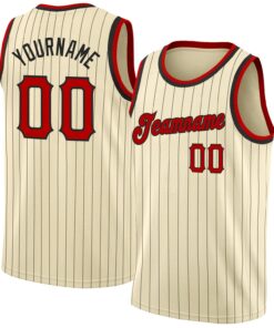 Custom Cream Black Pinstripe Red-Black Authentic Basketball Jersey