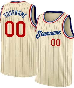Custom Cream Black Pinstripe Red-Royal Authentic Basketball Jersey