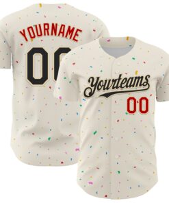 Custom Cream Black-Red 3D Pattern Design Confetti Authentic Baseball Jersey