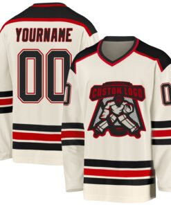 Custom Cream Black-Red Hockey Jersey