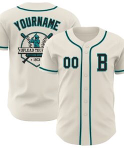 Custom Cream Black-Teal Authentic Baseball Jersey