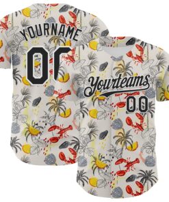 Custom Cream Black-White 3D Hawaii Tropical Palm Tree Lobster Authentic Baseball Jersey