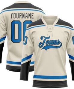 Custom Cream Blue-Black Hockey Lace Neck Jersey