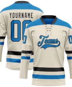 Custom Cream Blue-Black Hockey Lace Neck Jersey