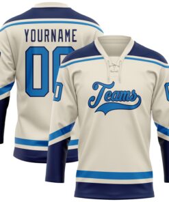 Custom Cream Blue-Navy Hockey Lace Neck Jersey