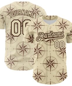 Custom Cream Brown 3D Pattern Design Navigation Compass Authentic Baseball Jersey
